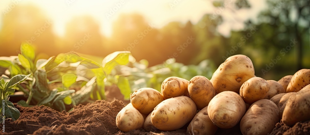 Poster harvesting potatoes in the garden with selective focus on nature, creating a serene copy space image