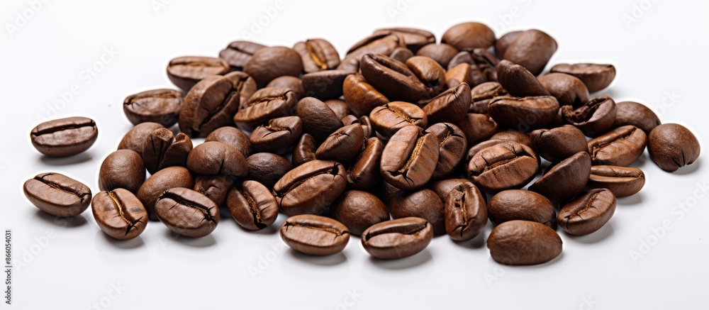 Poster Close-up view of coffee beans on a white background with space for additional images.