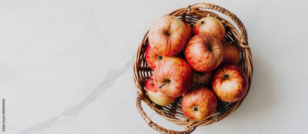 Poster View from above of a wicker basket filled with ripe apples on a white background, providing ample copy space image.