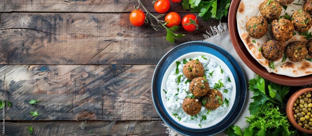 Aufkleber Plate of falafel with pita bread and tzatziki sauce on wooden table. View from above. Copy space image. Place for adding text or design