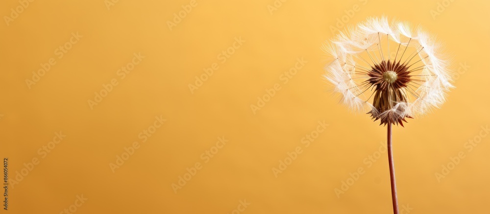 Poster a dandelion in focus against a light brown backdrop with available copy space image.