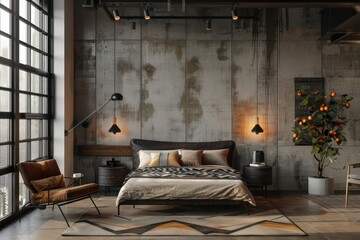 Modern Scandinavian Living Room: Industrial Touch with Concrete Walls, Metal Bed Frame, Warm Wood Tones, and Stylish Geometric Rug for a Chic Home Interior