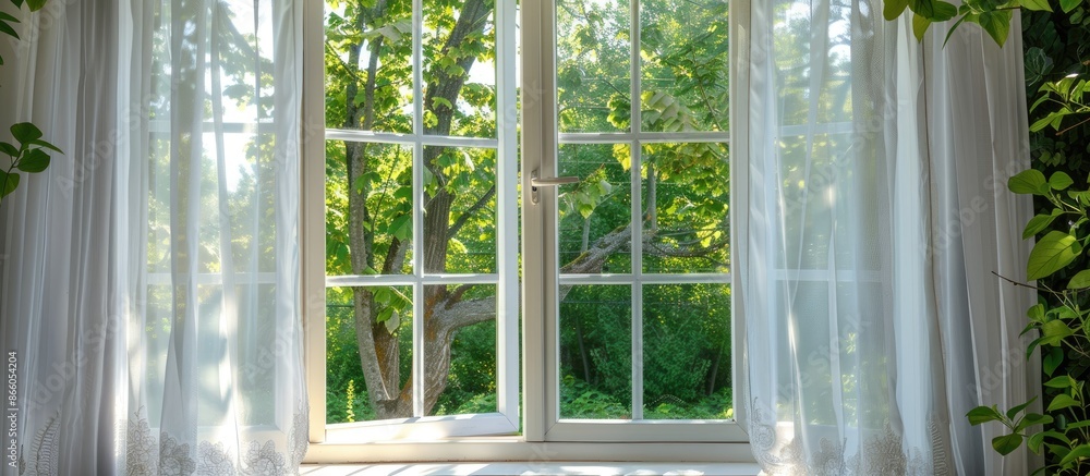 Aufkleber opened white plastic window at windowsill and lacy curtains against green trees under bright sunlight on summer day. with copy space image. Place for adding text or design