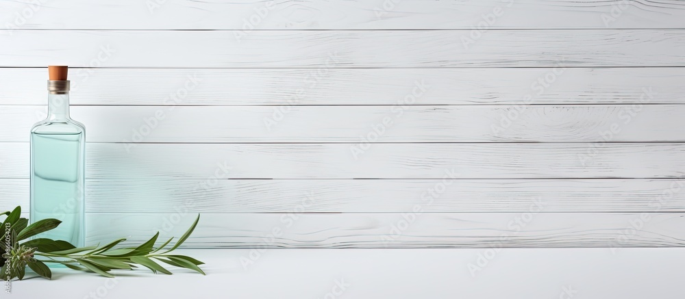 Poster white wooden backdrop with mint liquor bottle; ample copy space image.