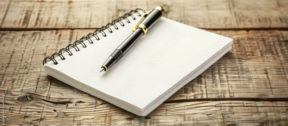 Poster a wooden table showcases a notepad and eco pen, embodying a minimalist concept with a designated cop