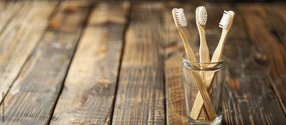 Poster copy space image with bamboo toothbrushes in glass on a wooden table.