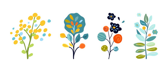 Charming vector illustration featuring whimsical plants and flowers in bright, vibrant colors. Perfect for spring designs, greeting cards, and home decor. Captures a fresh and playful vibe.