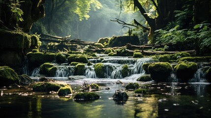 Defocused waterfall in lush green forest