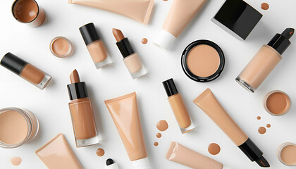 Obraz premium Collage with bottles and tubes of skin foundation on white background
