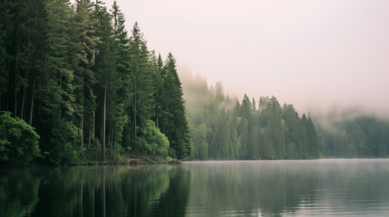 Obraz premium A peaceful dawn lakeside, with the air filled with pine tree and fog aromas, inspiring peace on World Peace Day. Perfect as a desktop background.
