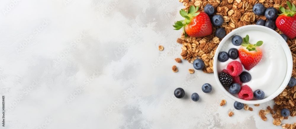 Leinwandbilder Fresh granola and muesli with yogurt and berries on a marble background in a top view, with space for adding text or images. with copy space image. Place for adding text or design
