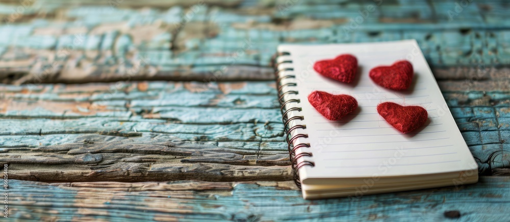 Aufkleber a valentine's day-themed image featuring red hearts on a blank notepad set on a wooden table, ideal 