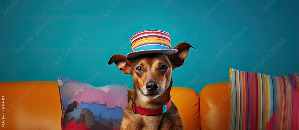 Poster adorable dog wearing a hat sitting on a sofa next to a colorful wall, with a clear unoccupied area f