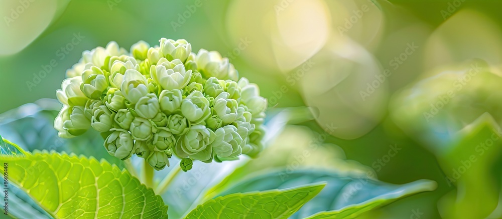 Leinwandbilder selective focus image of a hydrangea bud blooming in the summer park with copy space image.