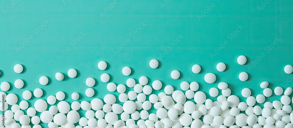 Aufkleber Mint background adorned with white pills in a flat lay composition, with room for text in the image. with copy space image. Place for adding text or design