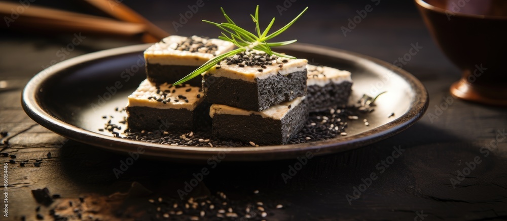Aufkleber Black sesame tofu displayed on glass plates with copy space image available.