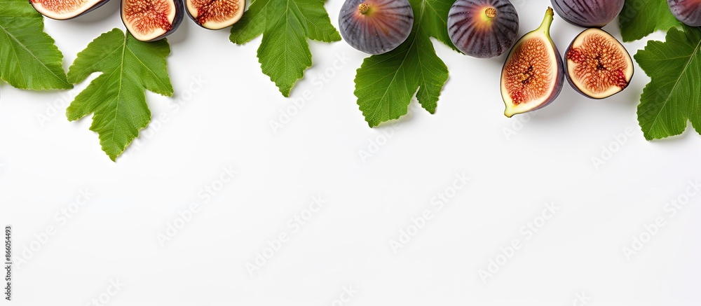 Poster top view of fig fruits and leaves on white background, ideal for your text. flat lay pattern with am