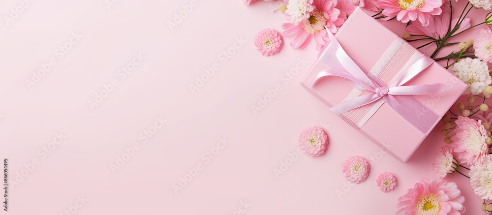 Poster stylish flat lay with flowers and gift box on a pink background, perfect for a greeting card mock-up