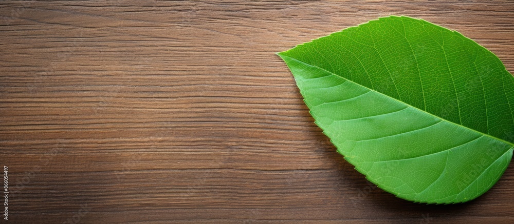 Aufkleber sugar tree green leaf seen from above with a wooden surface underneath - great for copy space image.