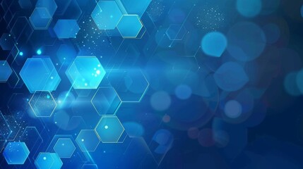 Abstract blue hexagonal background with bokeh lights.
