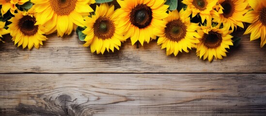 Obraz premium Sunflowers in yellow shade bloom against aged weathered wood plank creating a picturesque scene with copy space image.
