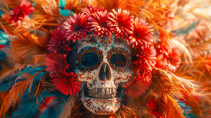 Skull Artworks with vibrant shiny Colors and Flowers, Abstract Art