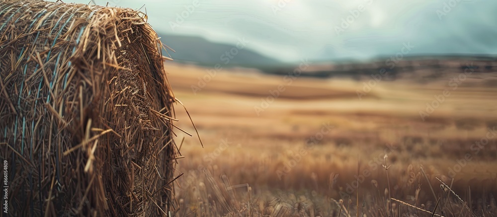 Aufkleber Cylindrical hay bale with selective focus. Background provides a copy space image for adding text or lettering.