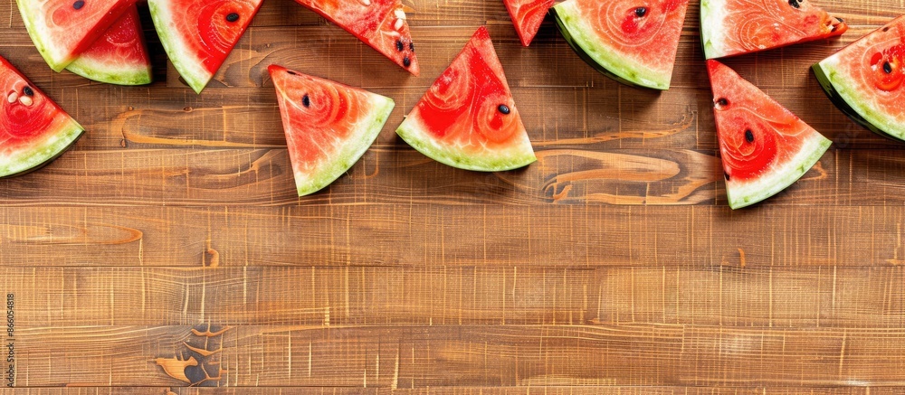 Leinwandbilder top view of fresh watermelon slices displayed on a bamboo board with ample copy space image availabl