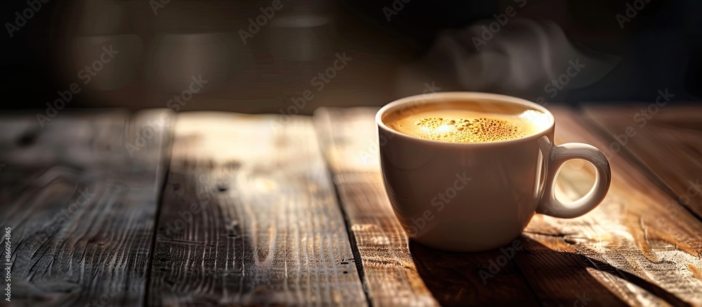 Poster hot latte or cappuccino served with milk on a wooden table, featuring a dark background and ample co