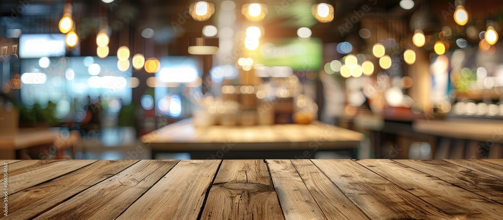 Aufkleber brown wooden counter on a blurred bokeh light background, ideal for food retail displays or product 
