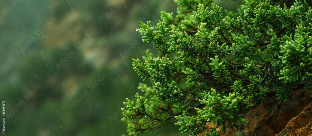 Aufkleber Juniper branches set against a backdrop with ample space for an inscription and a fresh appearance after the rain.