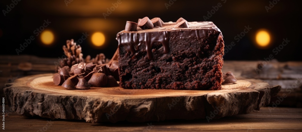 Fototapete a delectable slice of chocolate cake placed on a rustic wooden table with a rich brownie on a simila