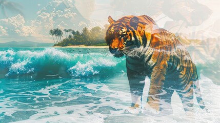 Surreal double exposure of a tiger walking in ocean waves with a tropical island background, blending nature and wildlife elements.