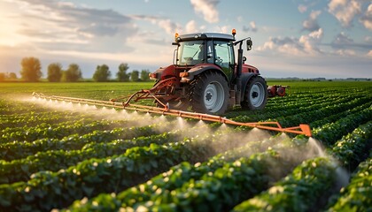Obraz premium Tractor spraying pesticides on soybean field with sprayer at spring
