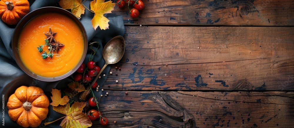 Aufkleber Autumn-themed table setting with pumpkin carrot soup and ingredients, ideal for food and nutrition concepts. Cozy backdrop with copy space image, top view.