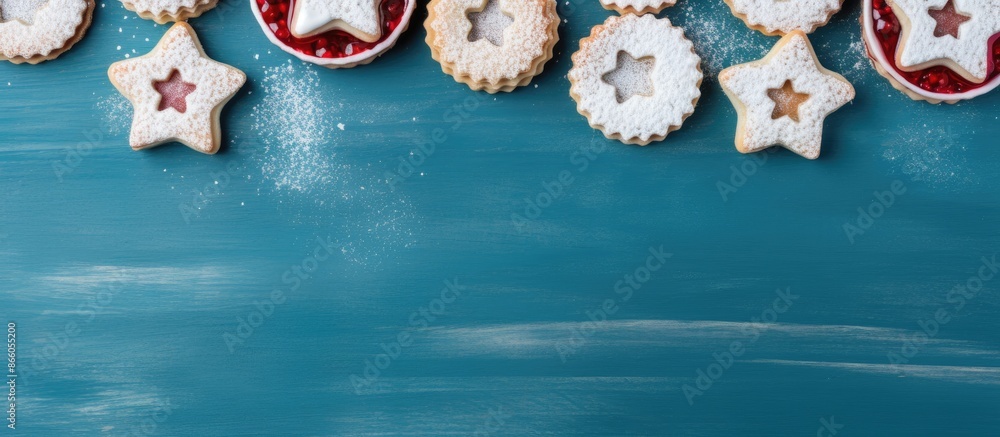 Poster austrian linzer cookies with raspberry filling on blue wooden backdrop. top view shot emphasizing wi