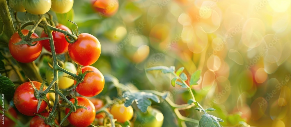 Poster Fresh and healthy organic tomatoes growing in a garden on a farm, providing vibrant colors and rich flavors, ideal for copy space image.