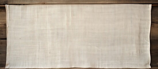 Fototapeta premium Vintage linen fabric frame on wooden backdrop with copy space image