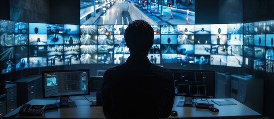 wide banner of security CCTV cameras and guard monitoring screen hud UI for advanced surveillance secure protection system and recording tape archive with online network IP connection