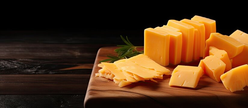 Cheddar cheese slices arranged on a wooden cutting board with a black background in a top-view composition with ample copy space image.