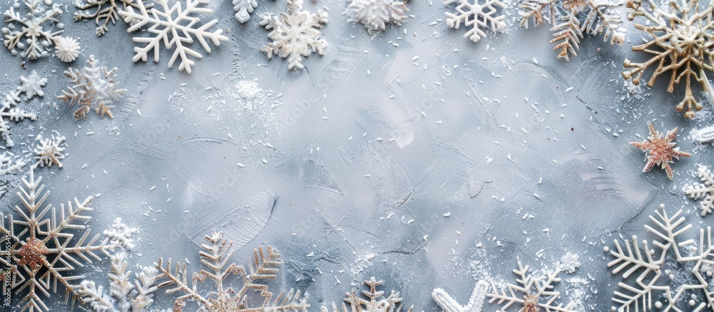 Aufkleber Snowflake Christmas frame on a pastel gray backdrop, creating a winter-themed composition with a flat lay, top view, and space for text or images. with copy space image