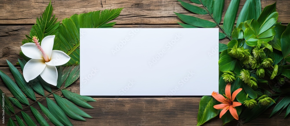 Poster fresh tropical leaves and flowers arranged with a blank sheet of paper on a wooden background, perfe