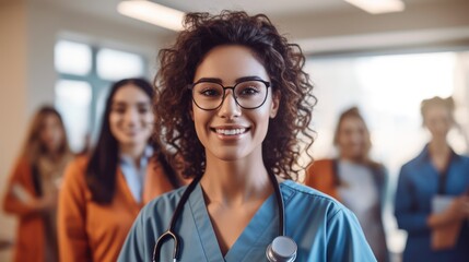 Fototapeta premium A young female doctor is standing in a hospital corridor