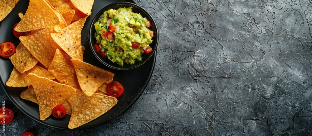Poster Top-down view of Mexican nachos served with guacamole on a textured gray surface for a captivating image with space for additional content.