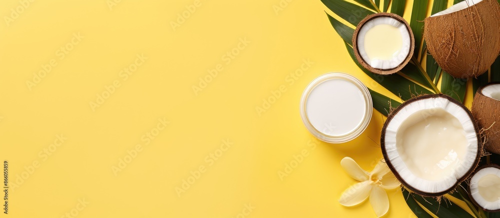 Poster top view minimal flat lay style image of organic cosmetics using coconut elements like oil, ripe coc