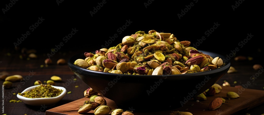 Fototapete a nutritious snack displayed with roasted pistachios on a dark backdrop with copy space image.