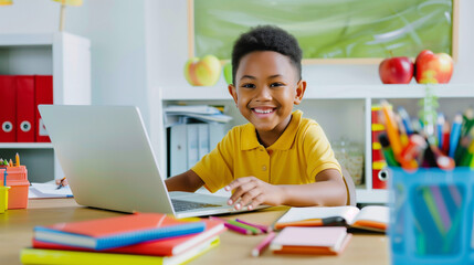 A smiling child at a neat study space with a laptop, books, and school supplies, the scent of apples enhancing the first day of the school year.
