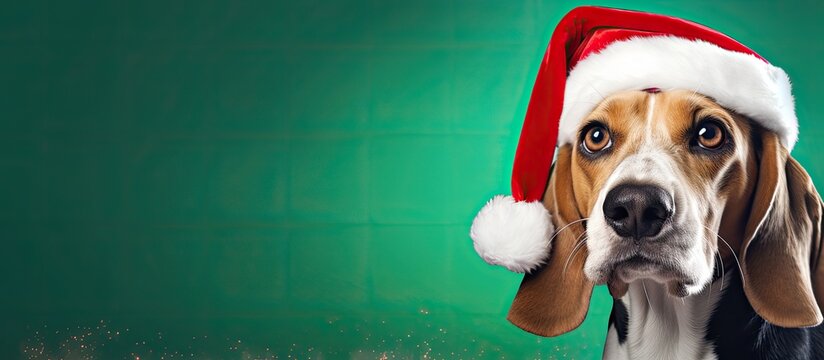 Cheerful beagle dog wearing a Santa hat on a green backdrop. The dog has a quirky expression. Festive banner for Merry Christmas and Happy New Year with room for text or image. with copy space image