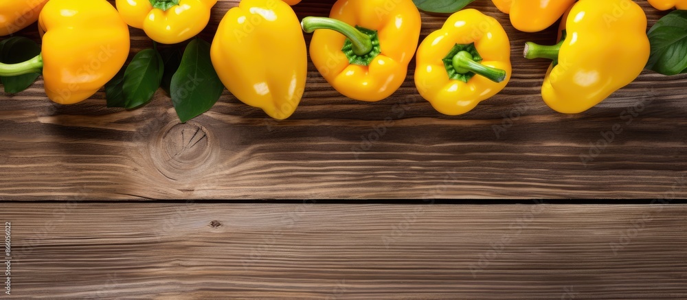Leinwandbilder top view of vibrant yellow bell peppers on a rustic wooden surface with ample copy space for any add