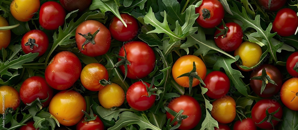 Aufkleber an aerial view of a mix of various tomatoes with arugula leaves, creating a fresh and healthy summer